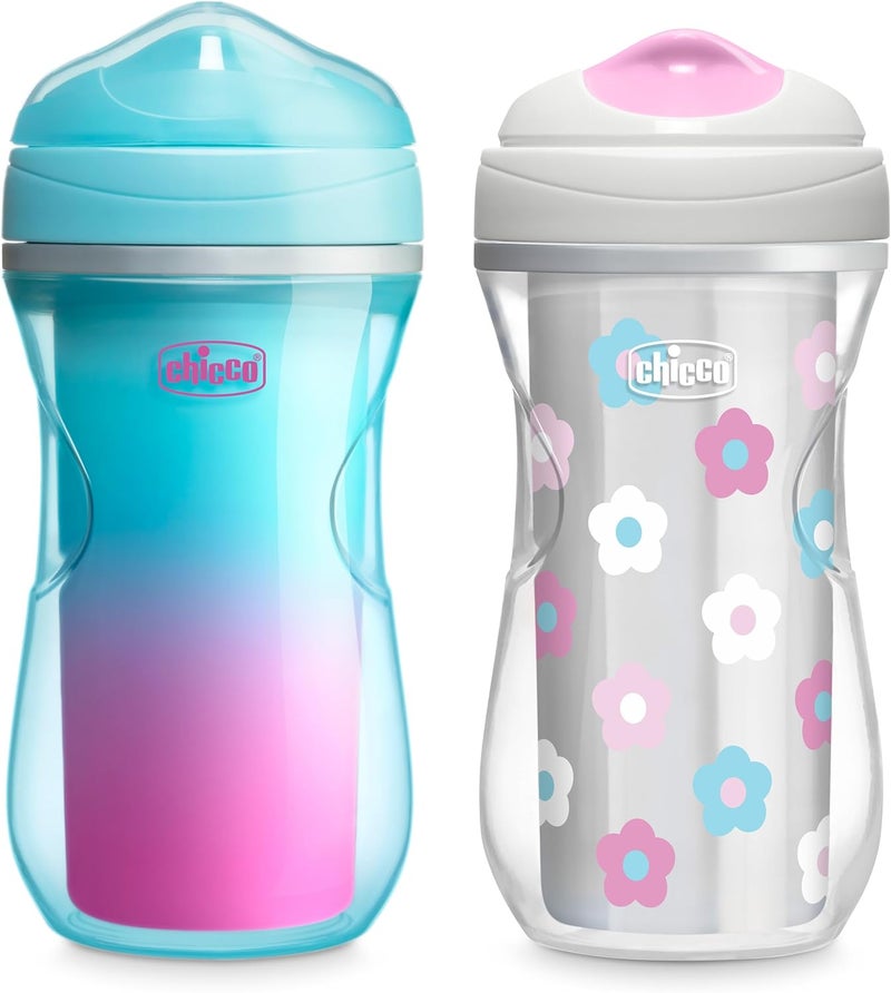 Chicco Double-Wall Insulated Sippy Cup with Bite-Proof Rim Spout and Spill-Free Lid 9oz. | Top-Rack Dishwasher Safe | Easy to Hold Ergonomic Indents | Teal/Pink/Floral, 2pk | 12+ months - Image 1